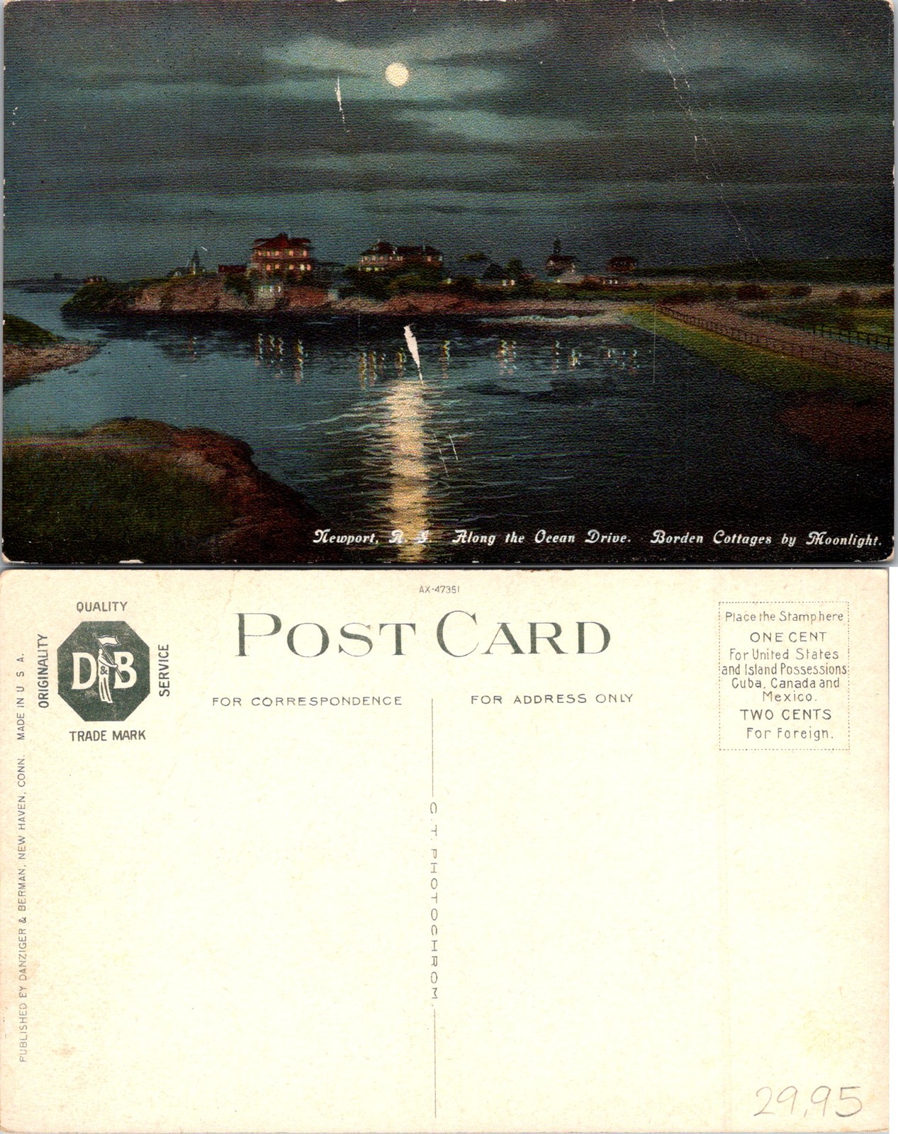 Newport RI Along the Ocean Drive Borden Cottages by Moonlight Postcard 73082 Newport RI Along the Ocean Drive Borden Cottages by Moonlight Postcard 73082