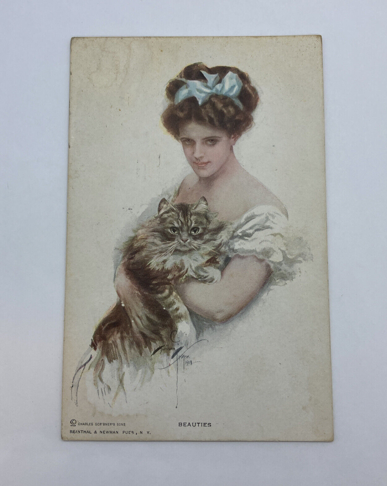 Postcard Posted 1911  Charles Scribners Sons Beautiful Victorian Woman & Cat