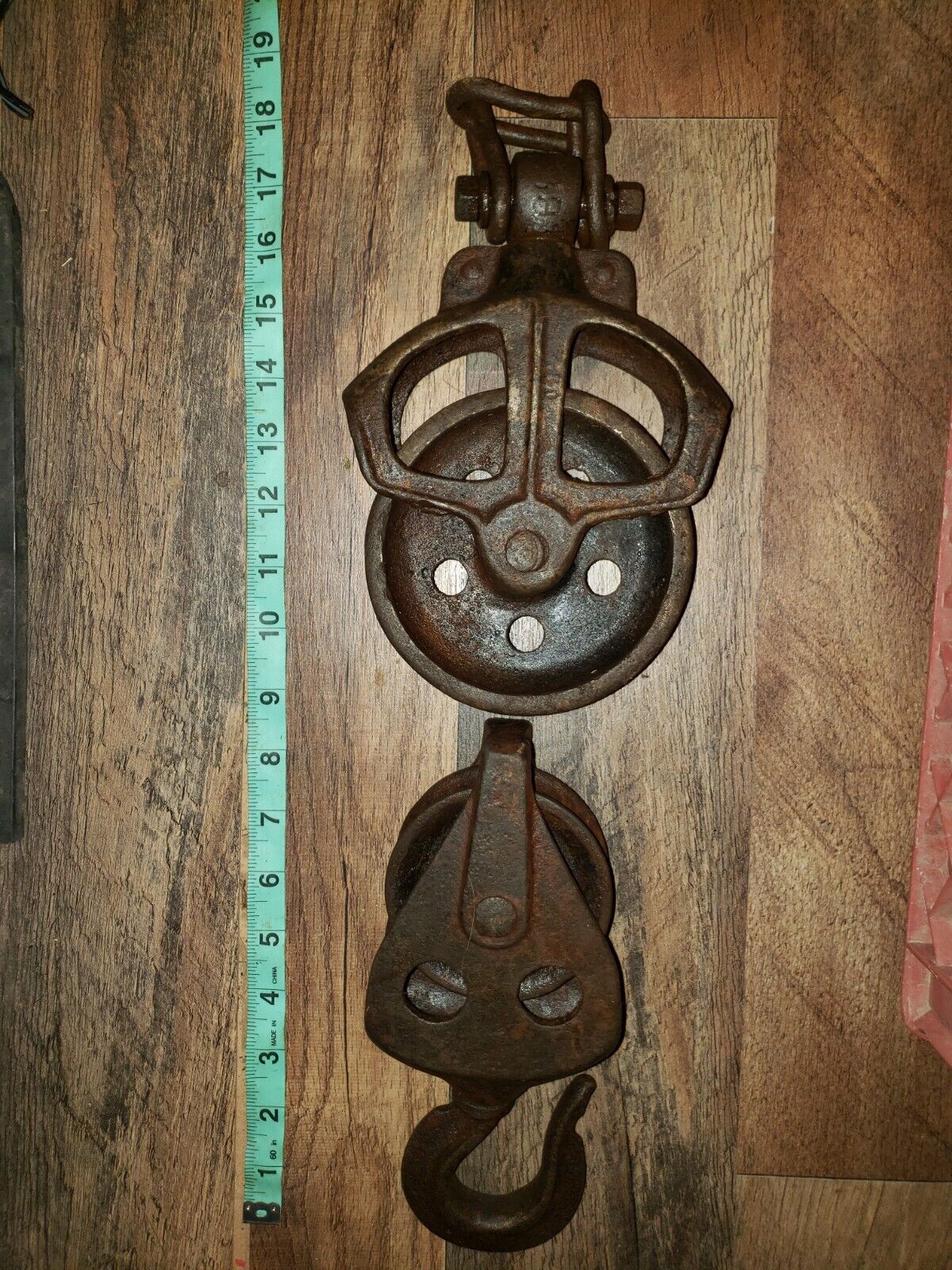 Antique Pulley Combination Set, Upper Pulley Wheel And Lower Hook And Wheel