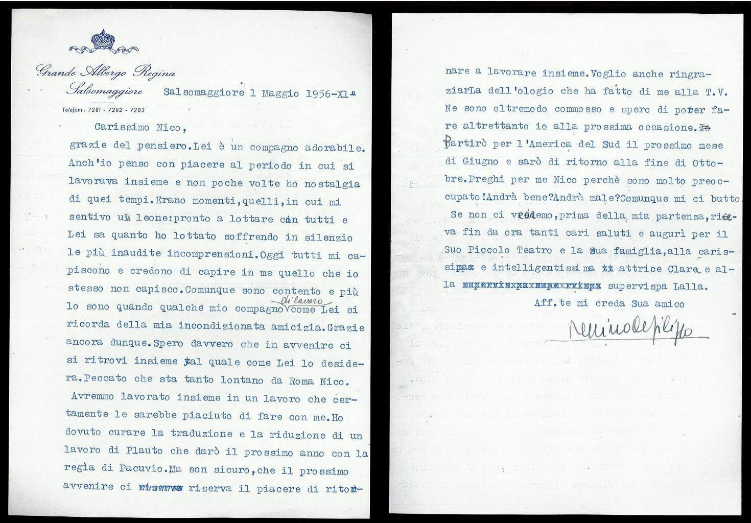 Letter Signed By Peppino De Philip IN Nico Pepper 1956 Salsomaggiore Theatre