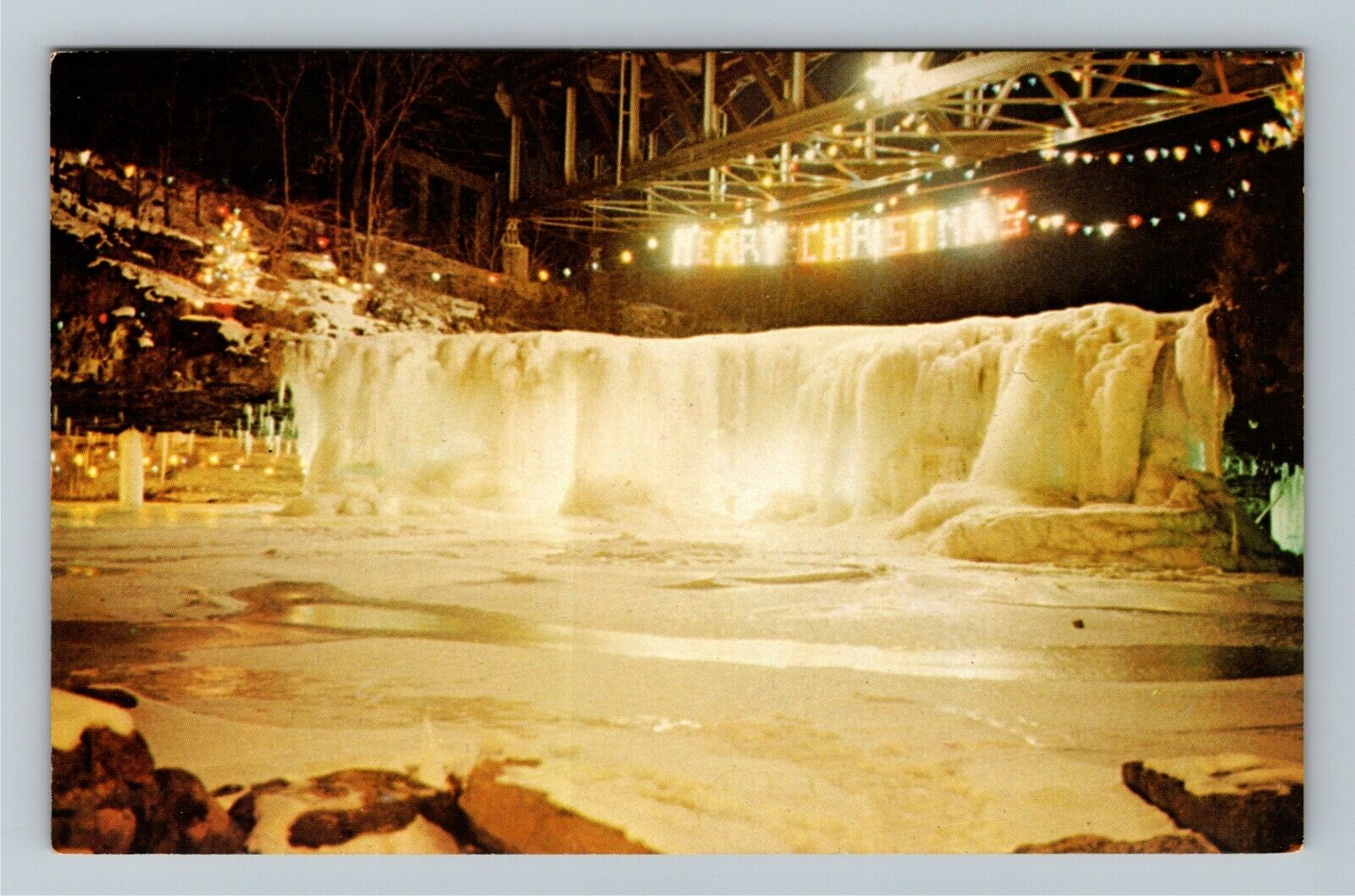 Ludlow Falls OH- Ohio, Annual Christmas Lighting, Night Water, Chrome Postcard
