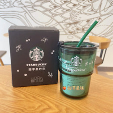 Starbucks Small Green Cup Straw Glass Milk Coffee Cup Tumbler Pink Sakura 375ml picture