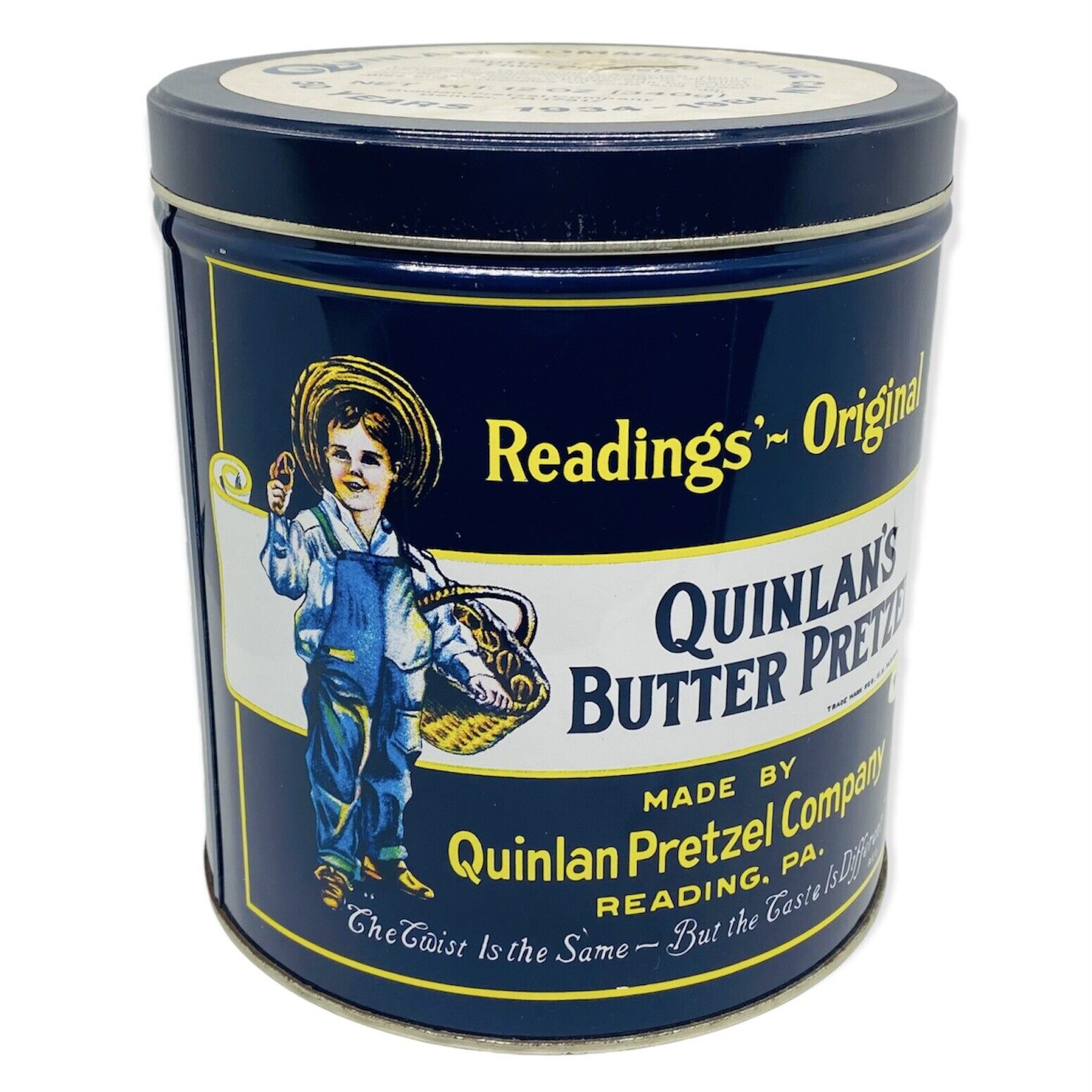 Vintage Quinlan's Pretzel Thins Advertising Tin Can Reading, PA Commemorative