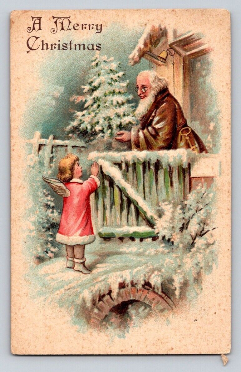 c1910 Old World  Brown Hatless Santa Claus Angel Gate Christmas P506A