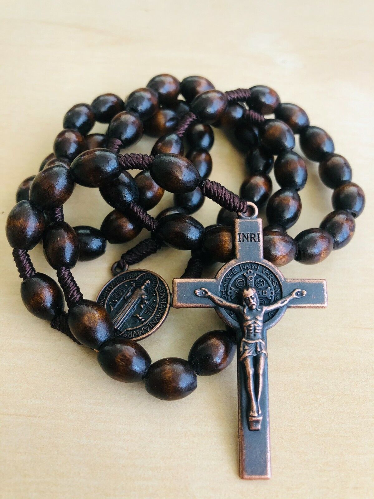Saint St Benedict Wooden Rosary Prayer Beads Copper Crucifix Cross 