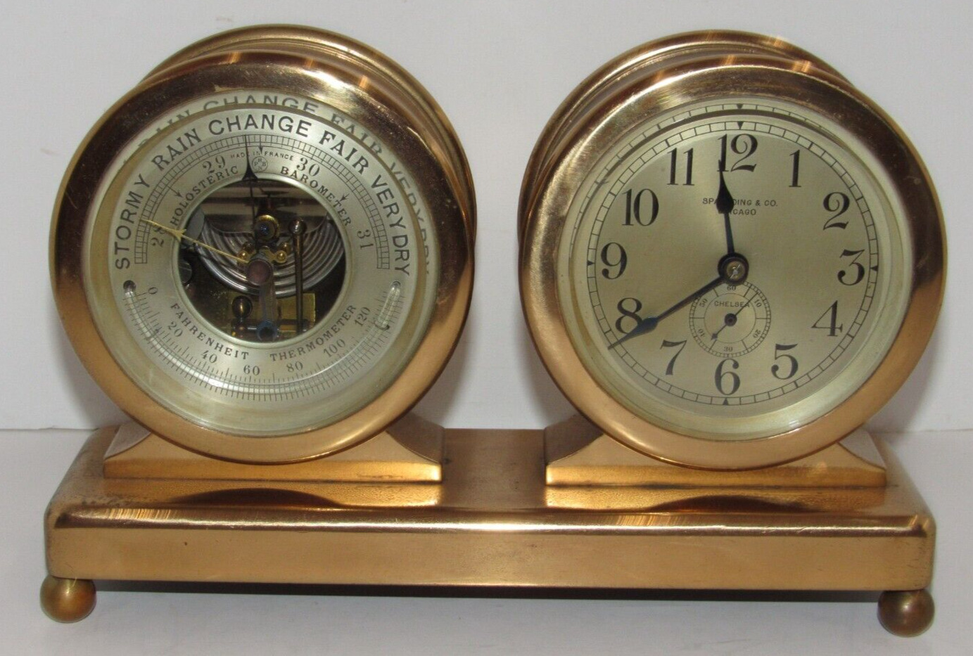 Antique Chelsea Ball Feet Clock Bronze with Barometer Set Spaulding & Co Chicago