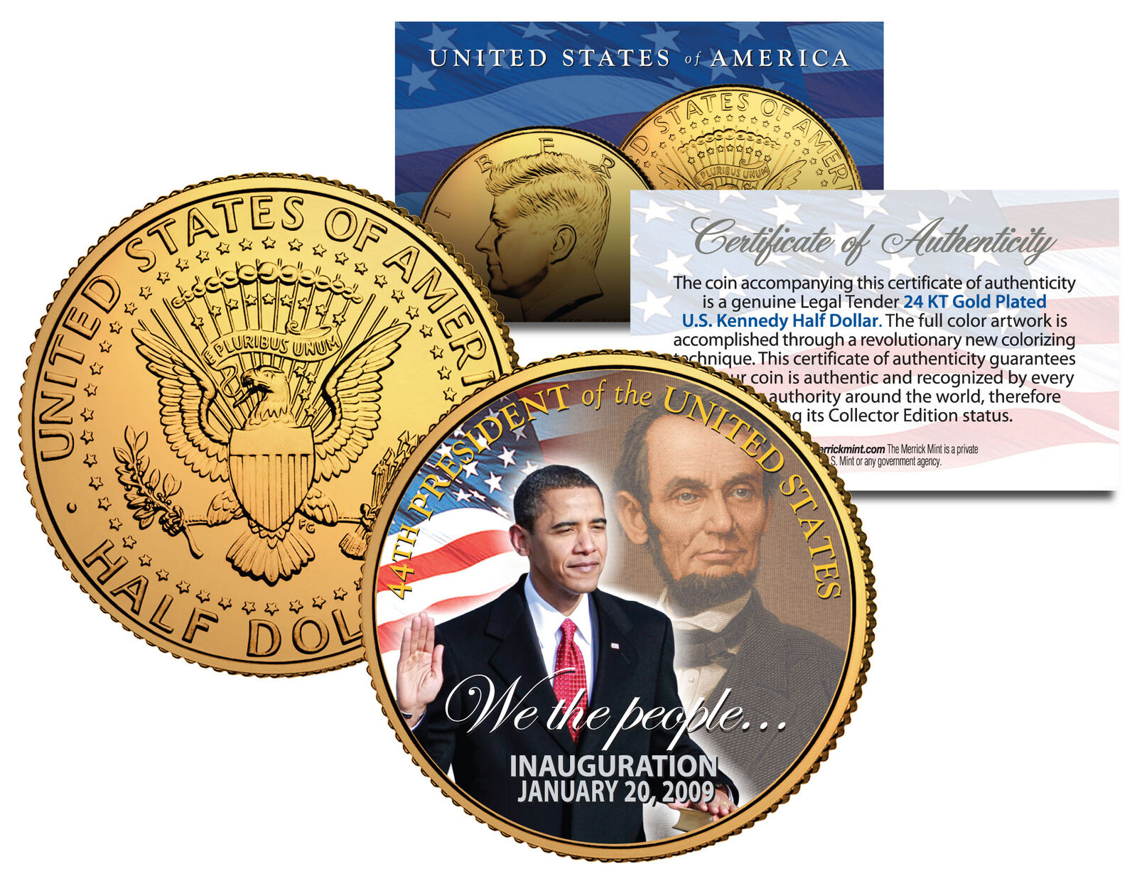 BARACK OBAMA w/Lincoln *Inauguration* 2009 JFK Half Dollar Coin 24K Gold Plated