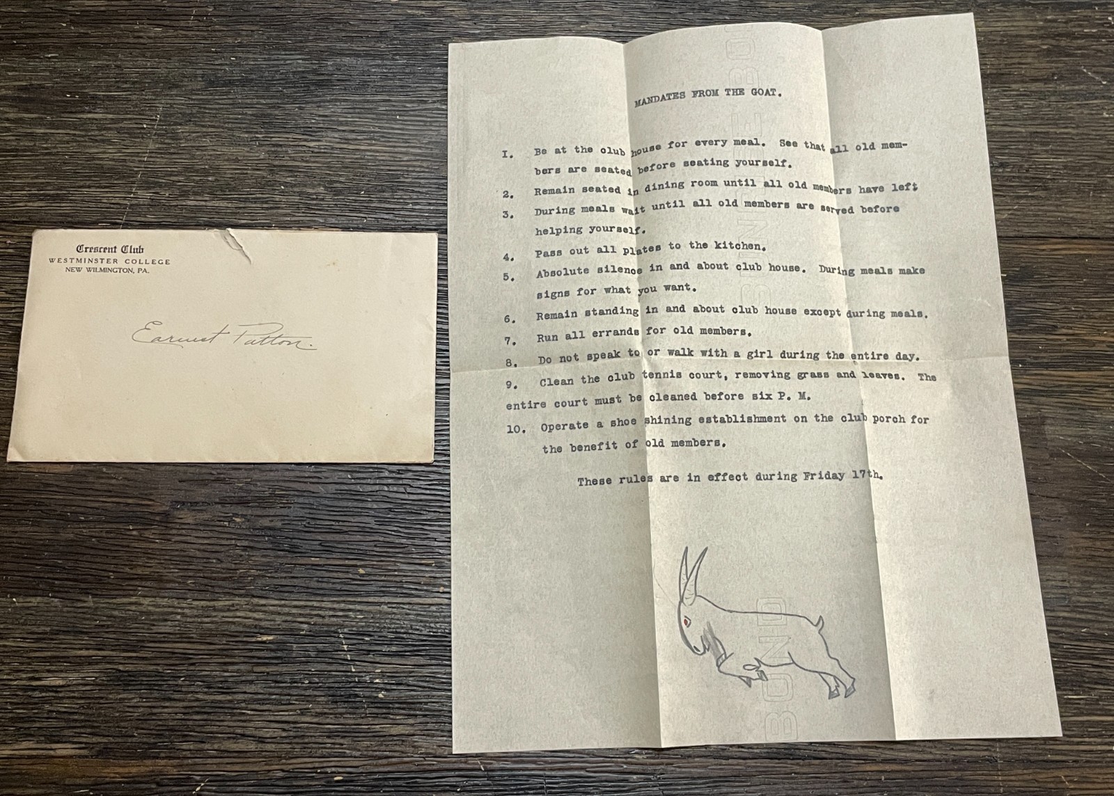 c1908 Westminster College PA Crescent Club Rules Goats Mandates Earnest Patton