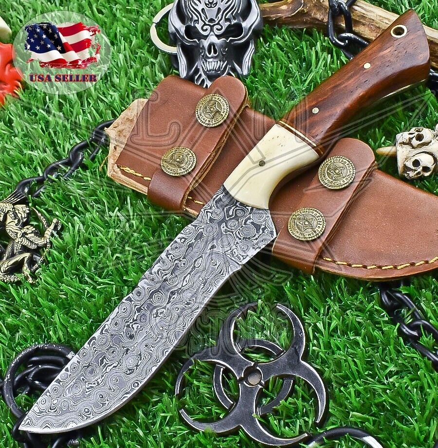 Hand Forged Damascus Steel Skinner Knife N/A Walnut Wood Louis Martin W/Sheath