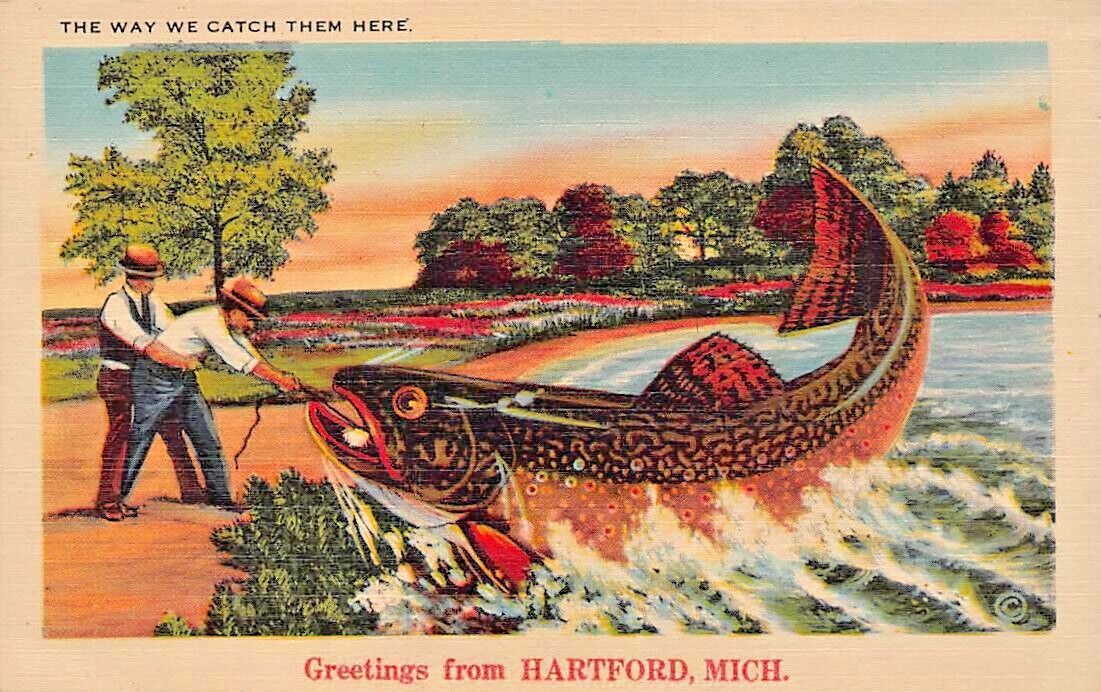 Hartford MI Michigan Exaggeration Fishing Greetings Linen Vintage c1940 Postcard