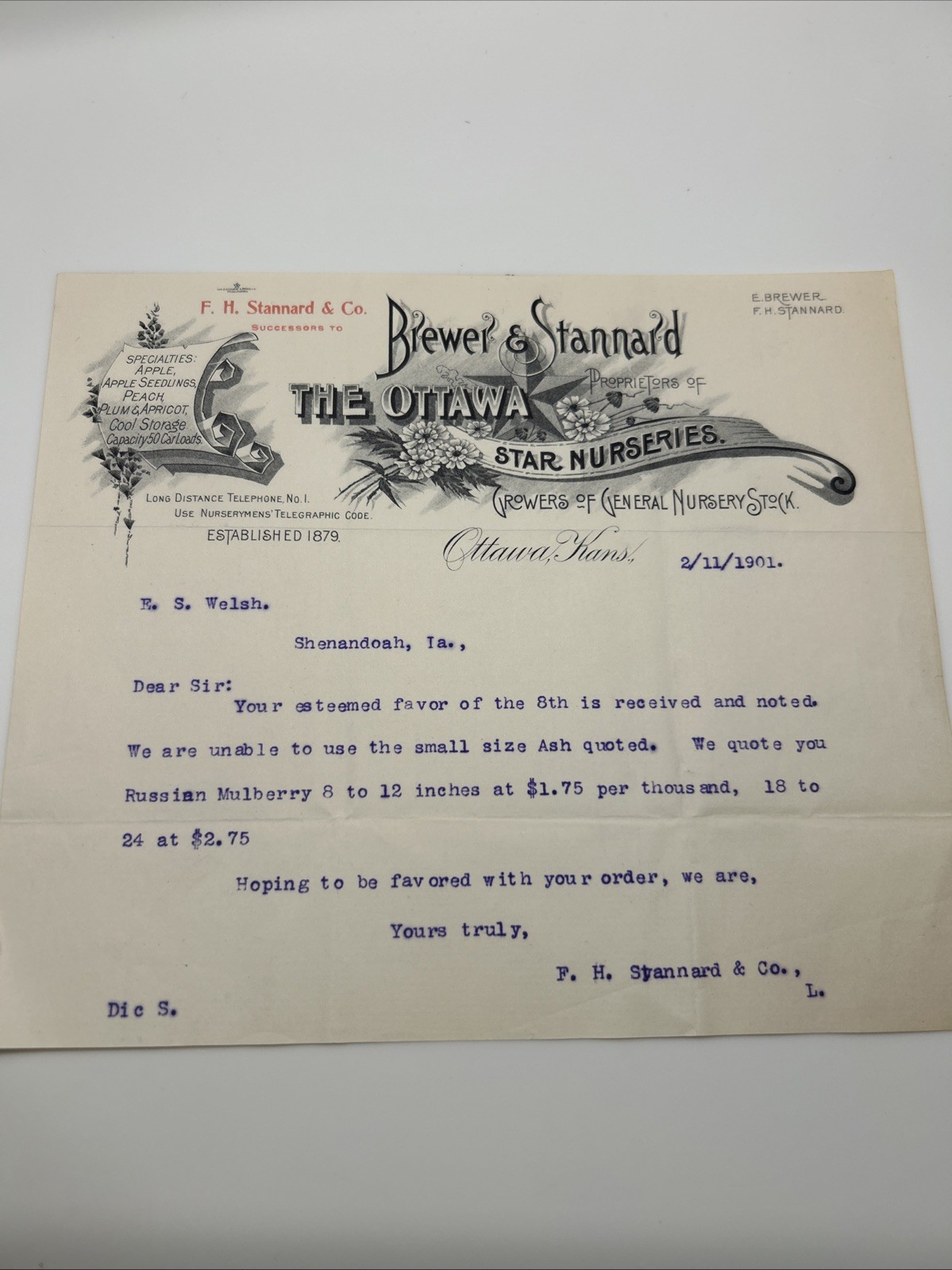 1901 Antique Billhead Brewer & Stannard The Ottawa Star Nurseries Kansas 1901 Antique Billhead Brewer & Stannard The Ottawa Star Nurseries Kansas