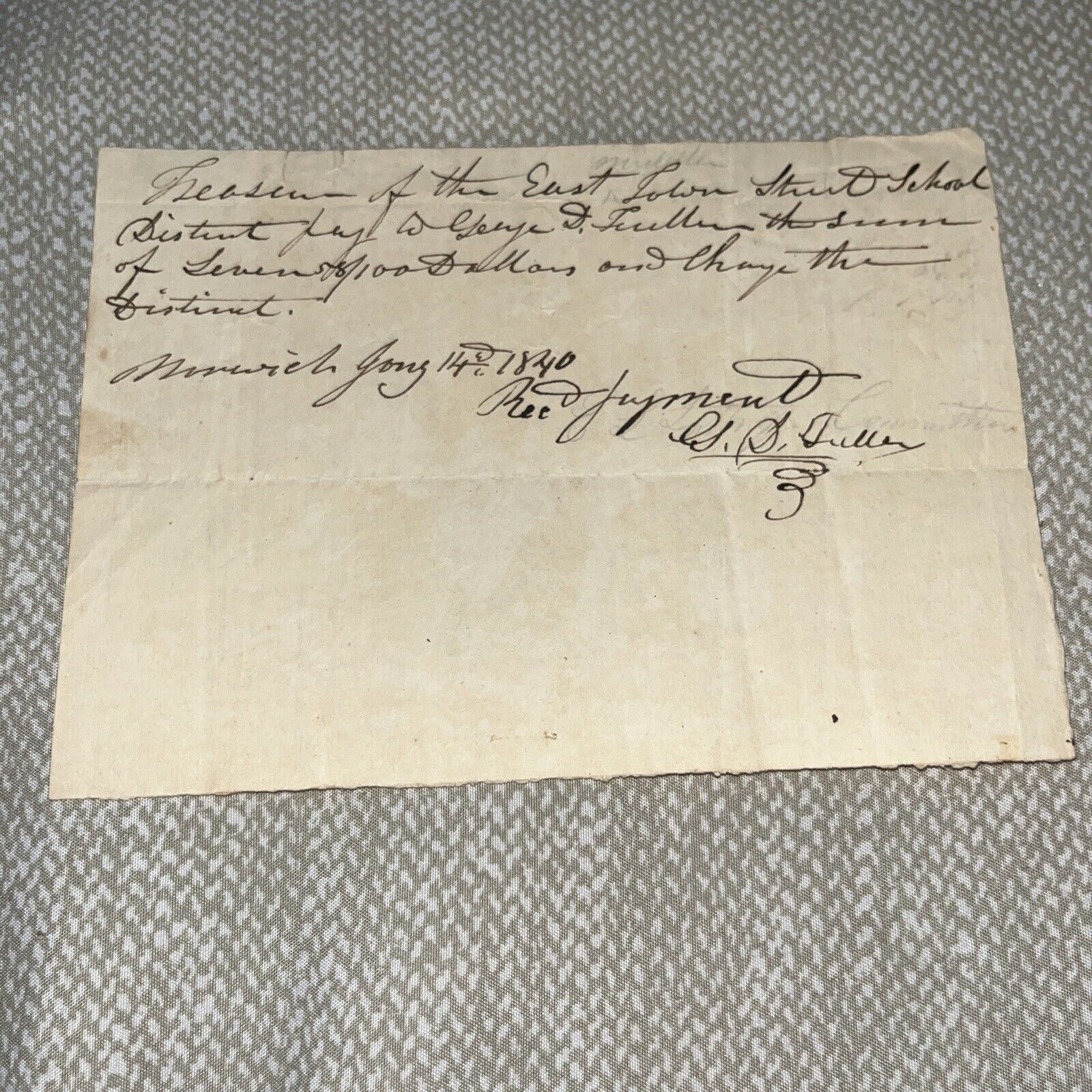 1840 Order to Pay: East Town Street School District - Norwich CT George Fuller