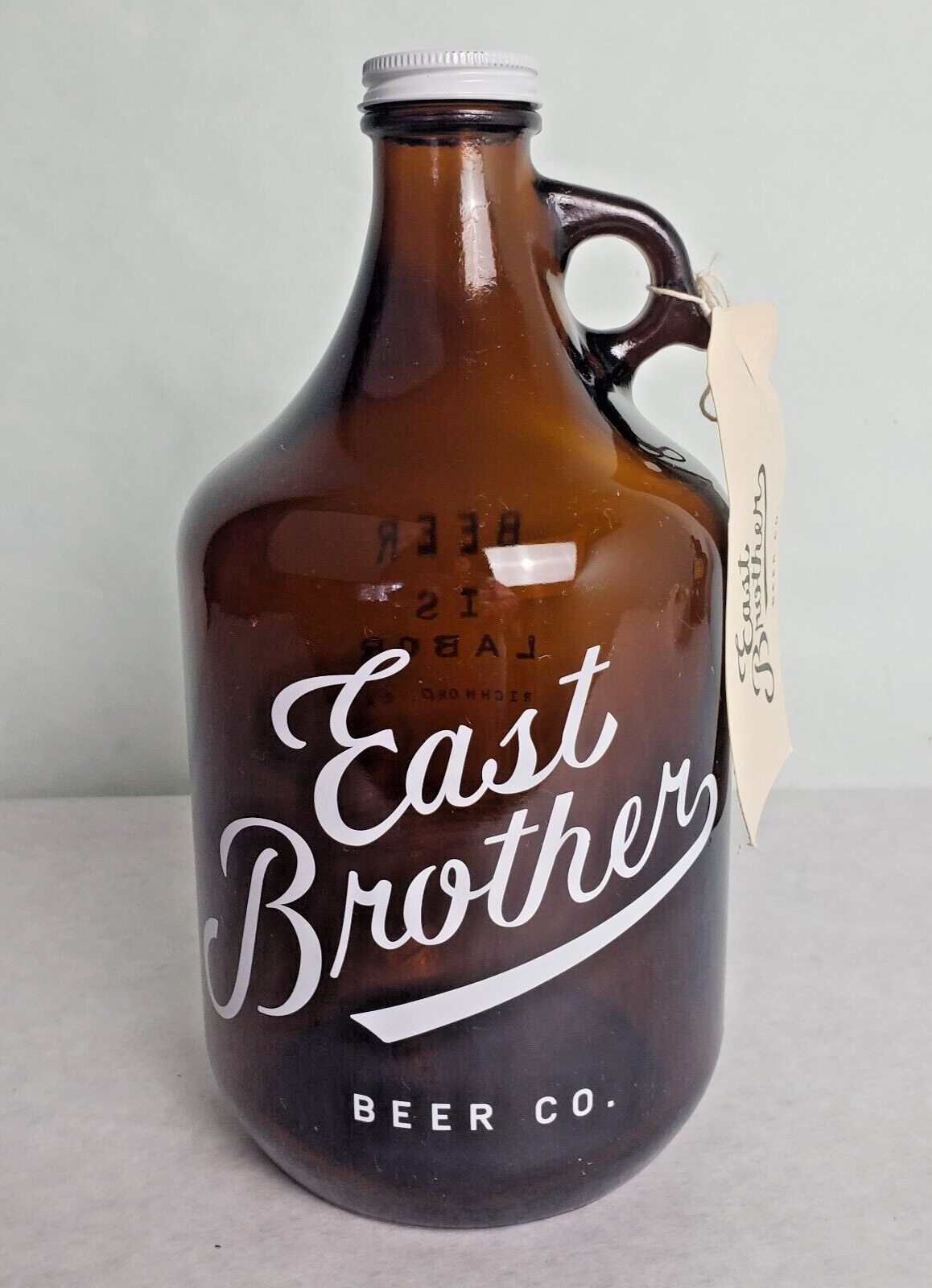East Brother Beer Co. 1/2 Gallon Brown Jug \'Beer is Labor\' Richmond, CA w/Tag