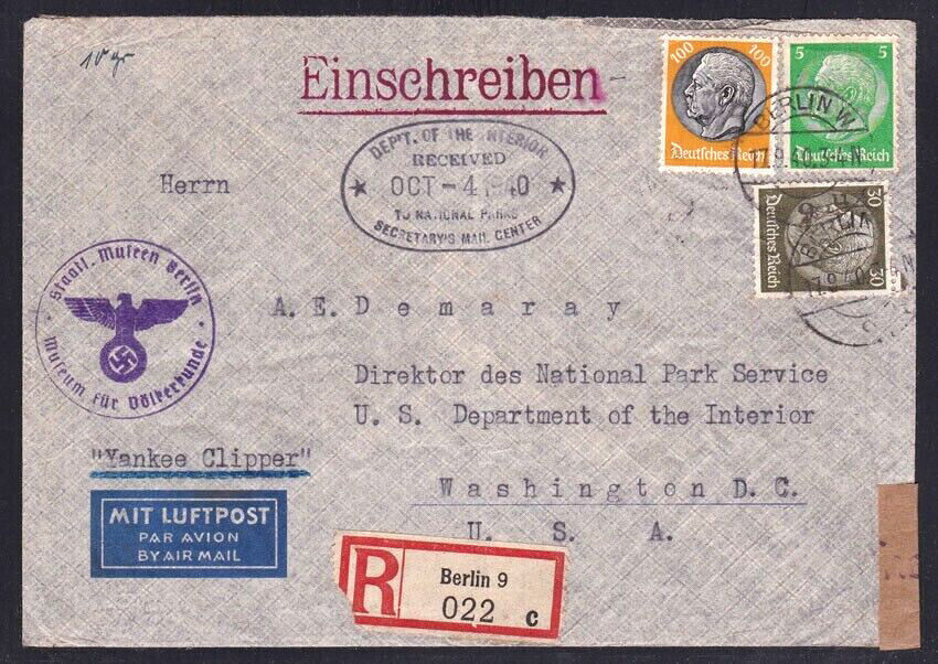 WWII Cover Berlin To National Park Service Washington D.C. Via Yankee Clipper