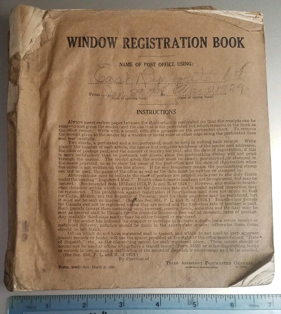 Orig Rare 1928 East Ryegate Vermont Post Office Registered Mail Ledger USPO Book