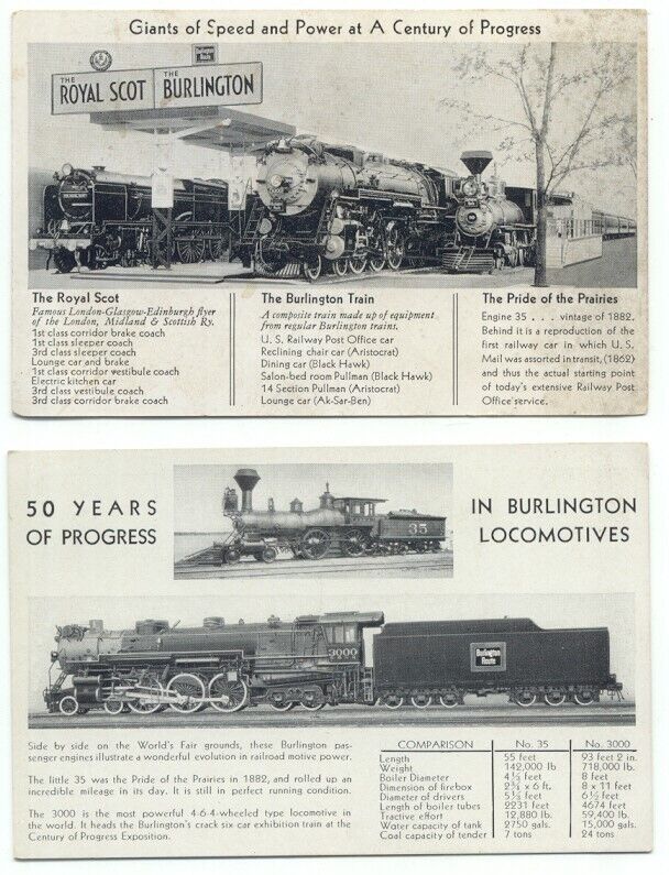 Burlington Route Railroad World\'s Fair Exhibition Train Lot of 2 Postcards