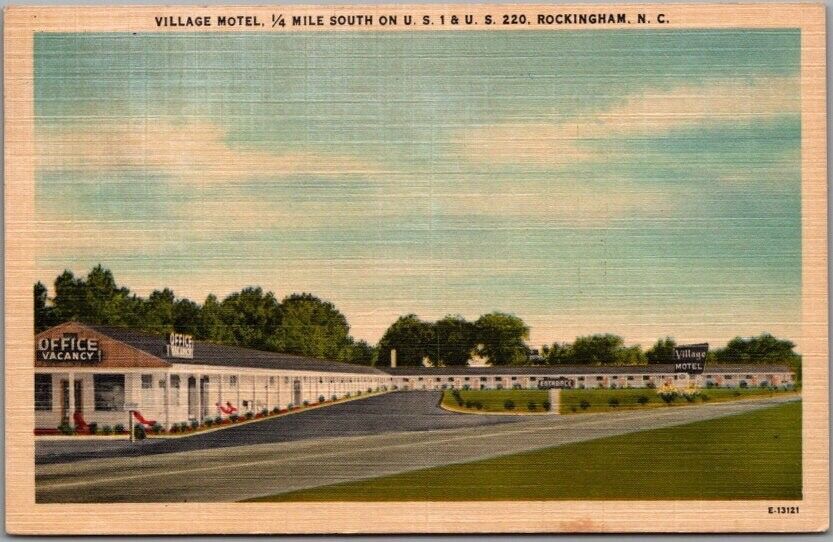 Rockingham, NC Postcard VILLAGE MOTEL Route Hwy 1 Roadside Linen 1953 Cancel