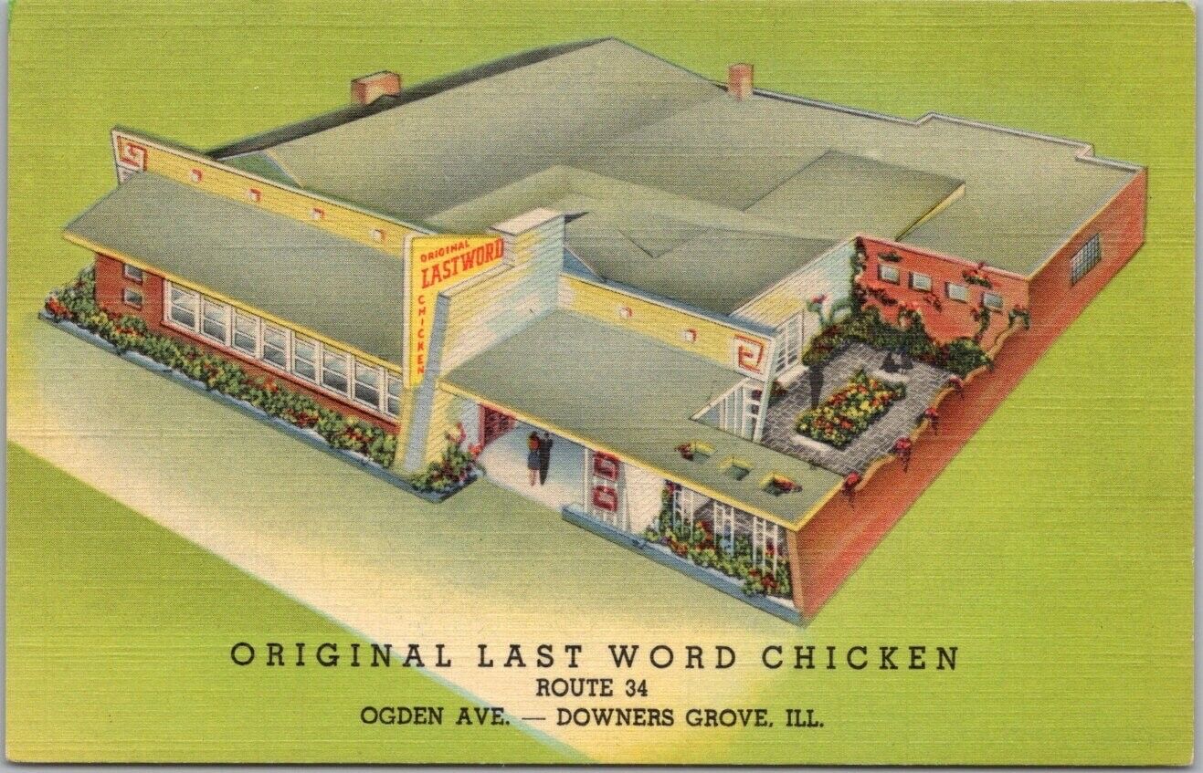 DOWNERS GROVE, Illinois Postcard ORIGINAL LAST WORD CHICKEN Curteich Linen 1950