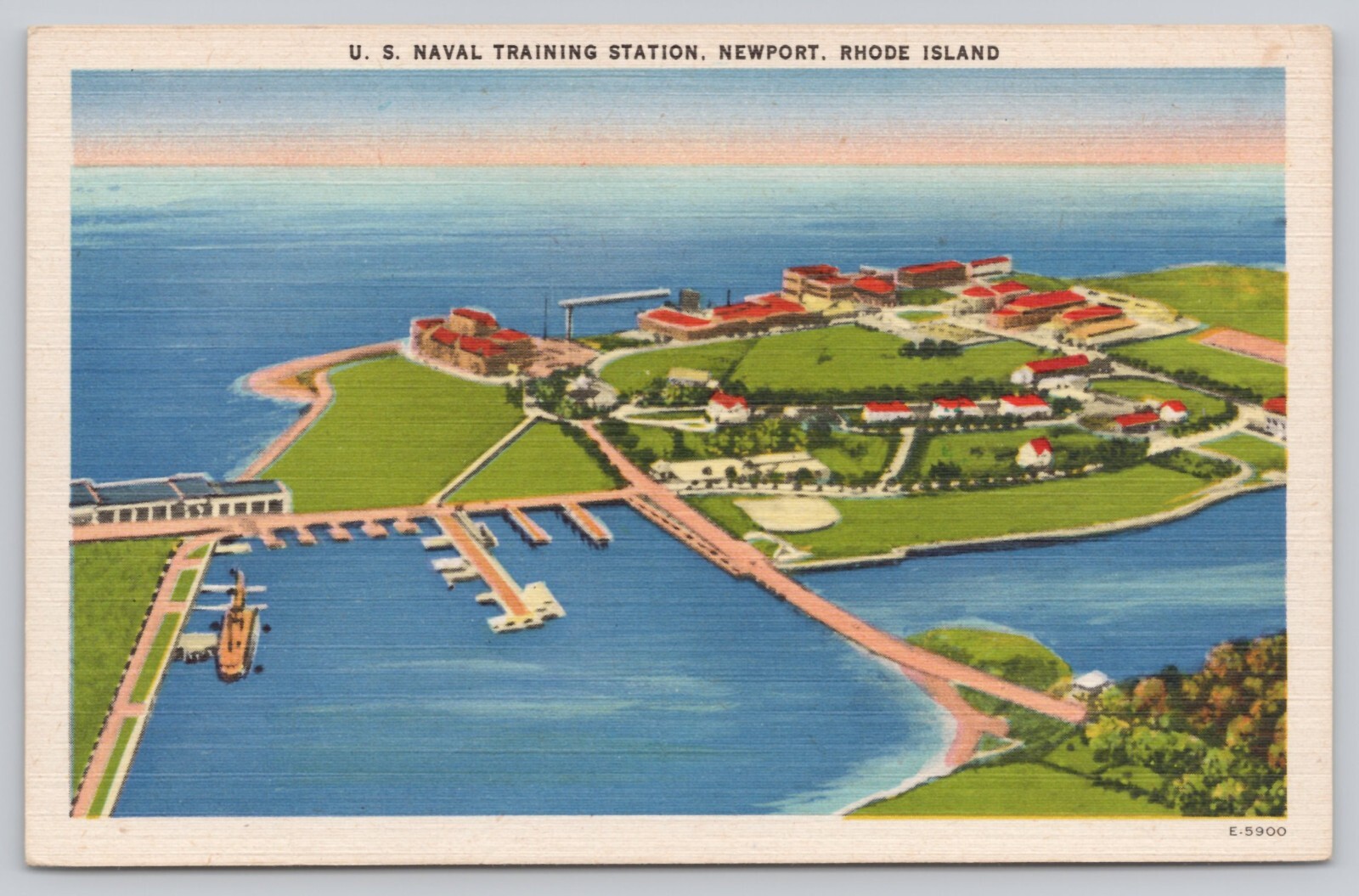 US Naval Training Station Linen Postcard Newport Rhode Island Aerial View Docks US Naval Training Station Linen Postcard Newport Rhode Island Aerial View Docks