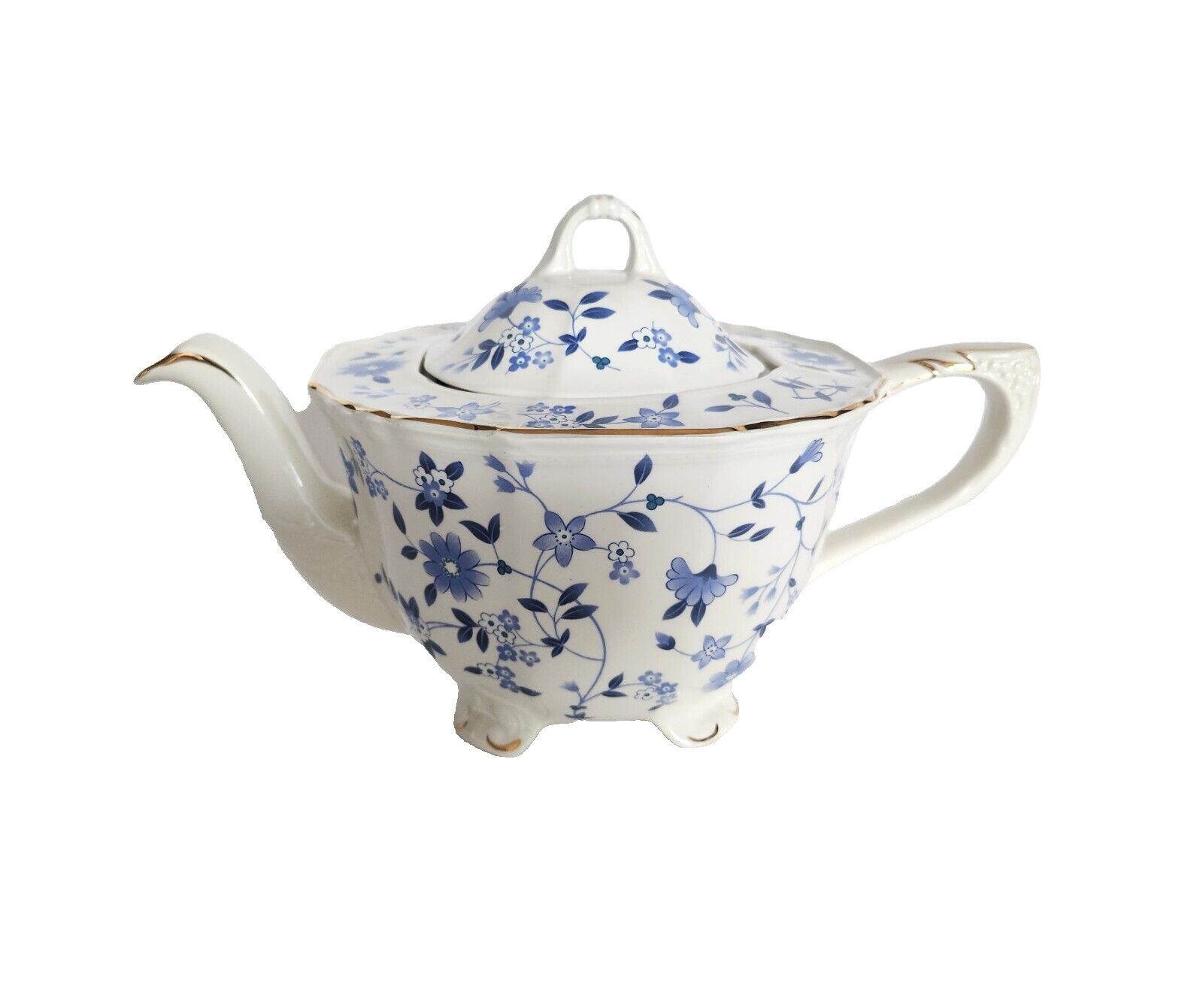 Vintage Crown Dorset Staffordshire England Teapot Blue & White Flowers Gold Trim