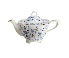 Vintage Crown Dorset Staffordshire England Teapot Blue & White Flowers Gold Trim picture