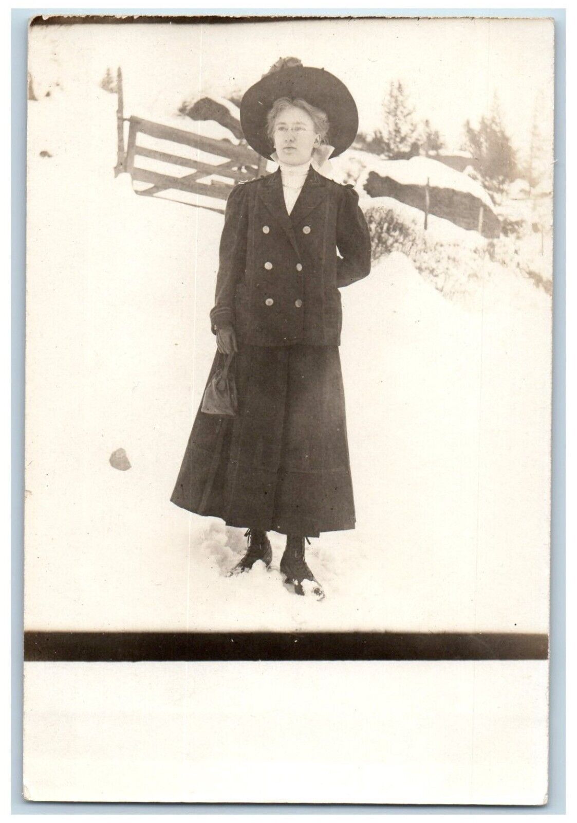 c1910s Candid Woman Hat Purse Gloves Snow Readsboro VT RPPC Photo Postcard