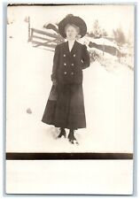 c1910s Candid Woman Hat Purse Gloves Snow Readsboro VT RPPC Photo Postcard picture