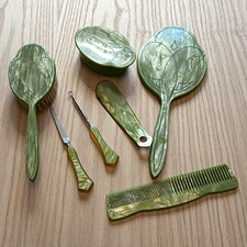 Vintage Shelburne Amerith Green Pearlized Vanity Set Mirror Brush Comb 7 Pc picture