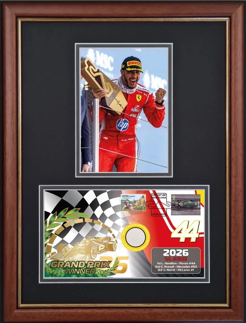 Lewis Hamilton F1 2018 Race Worn Relic Spanish GP Ferrari Framed '26 Victory FDC Lewis Hamilton F1 2018 Race Worn Relic Spanish GP Ferrari Framed '26 Victory FDC