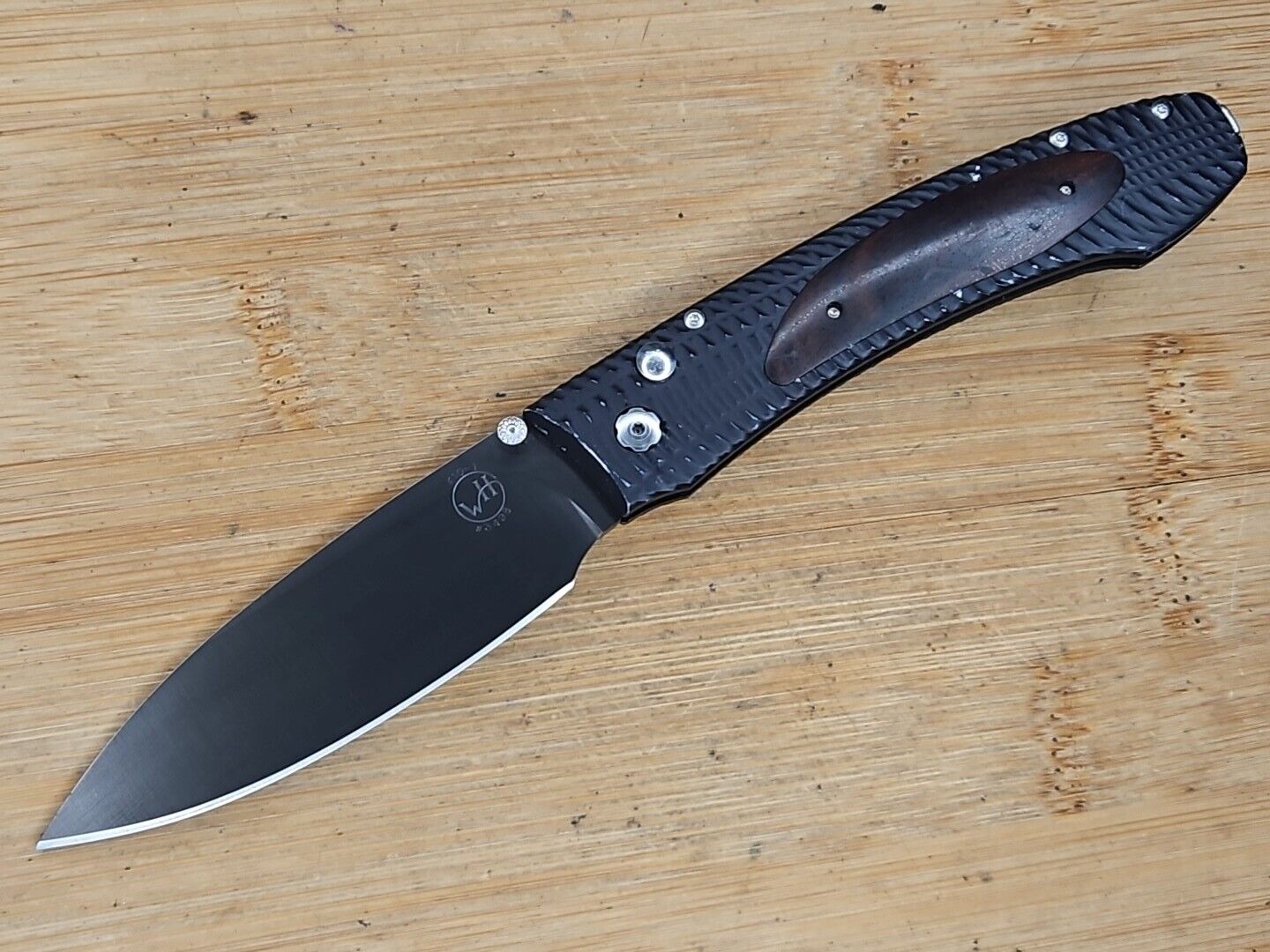 William Henry artisan knife E10-1 With  Wood Insert #3498 Button Lock Flipper