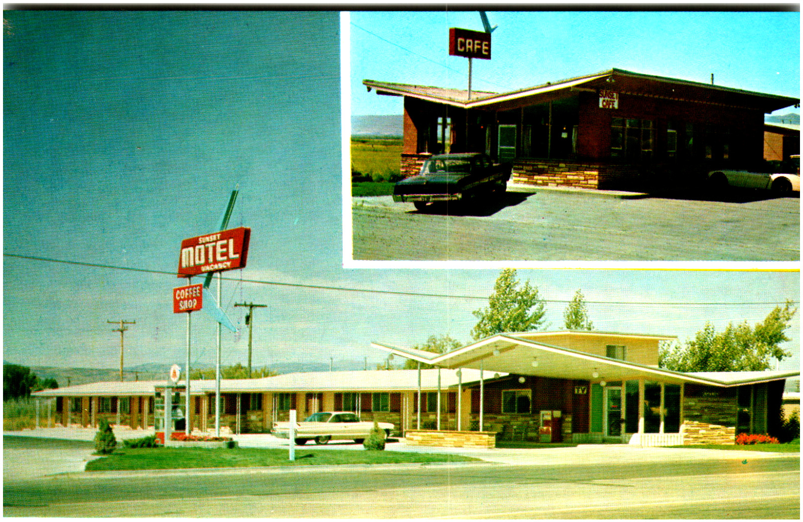 Postcard Chrome Sunset Motel and Cafe Montpelier, Idaho
