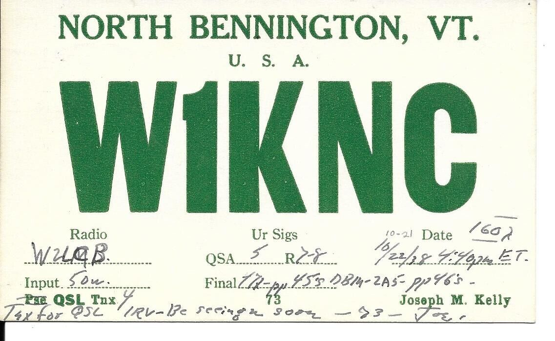 QSL  1938 North Bennington    Vermont   radio card