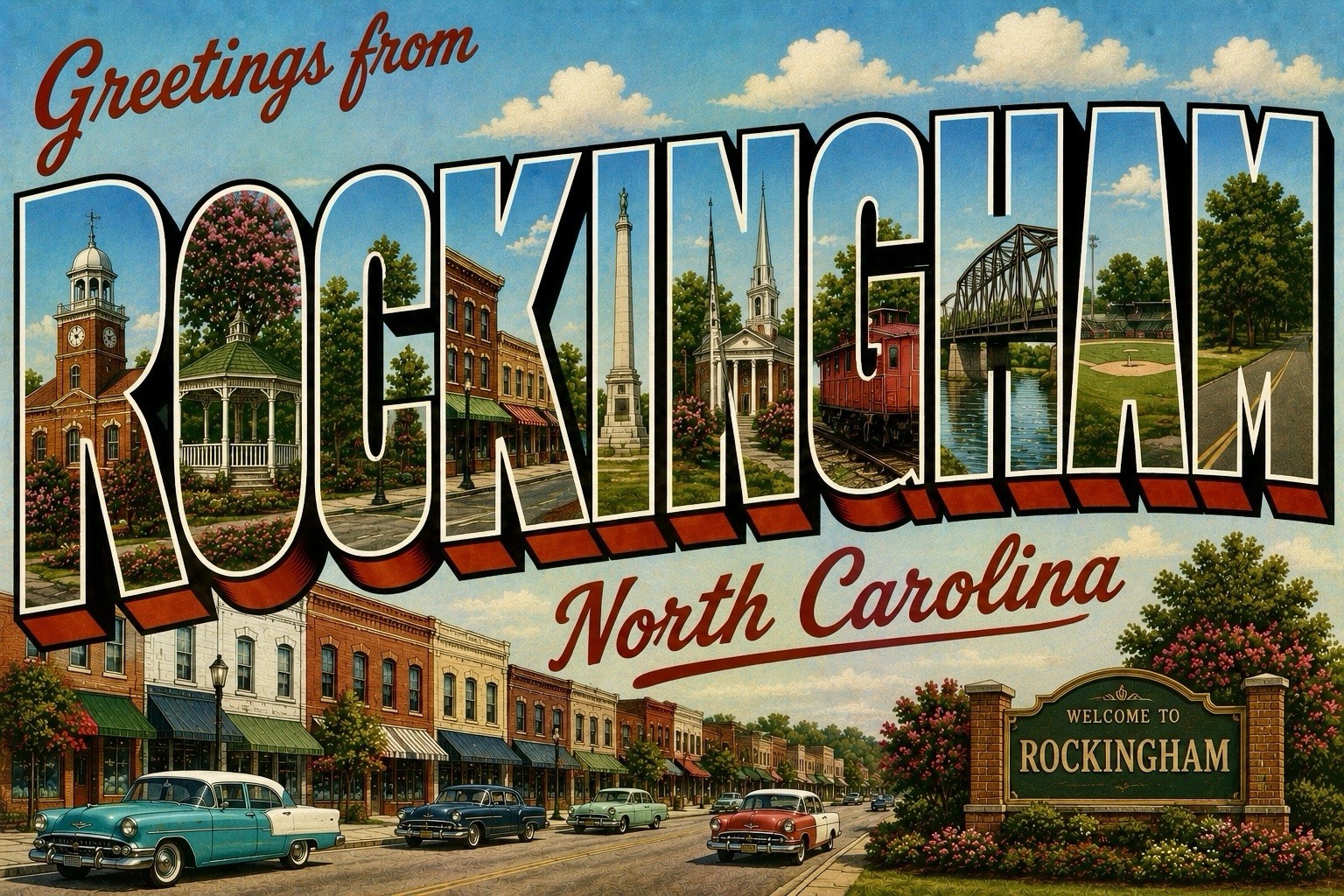 Greetings from ROCKINGHAM North Carolina MODERN Postcard Large Letter C328