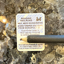 McDonald's Monopoly Reading Railroad Sticker Game Piece 2026 White Blue picture