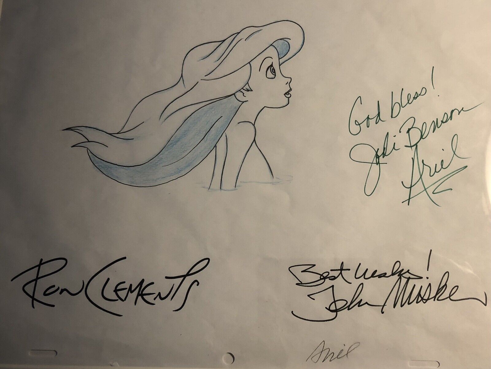 LITTLE MERMAID ARIAL DRAWING SIGNED BY JODI BENSON, JOHN MUSKER, RON CLEMENTS