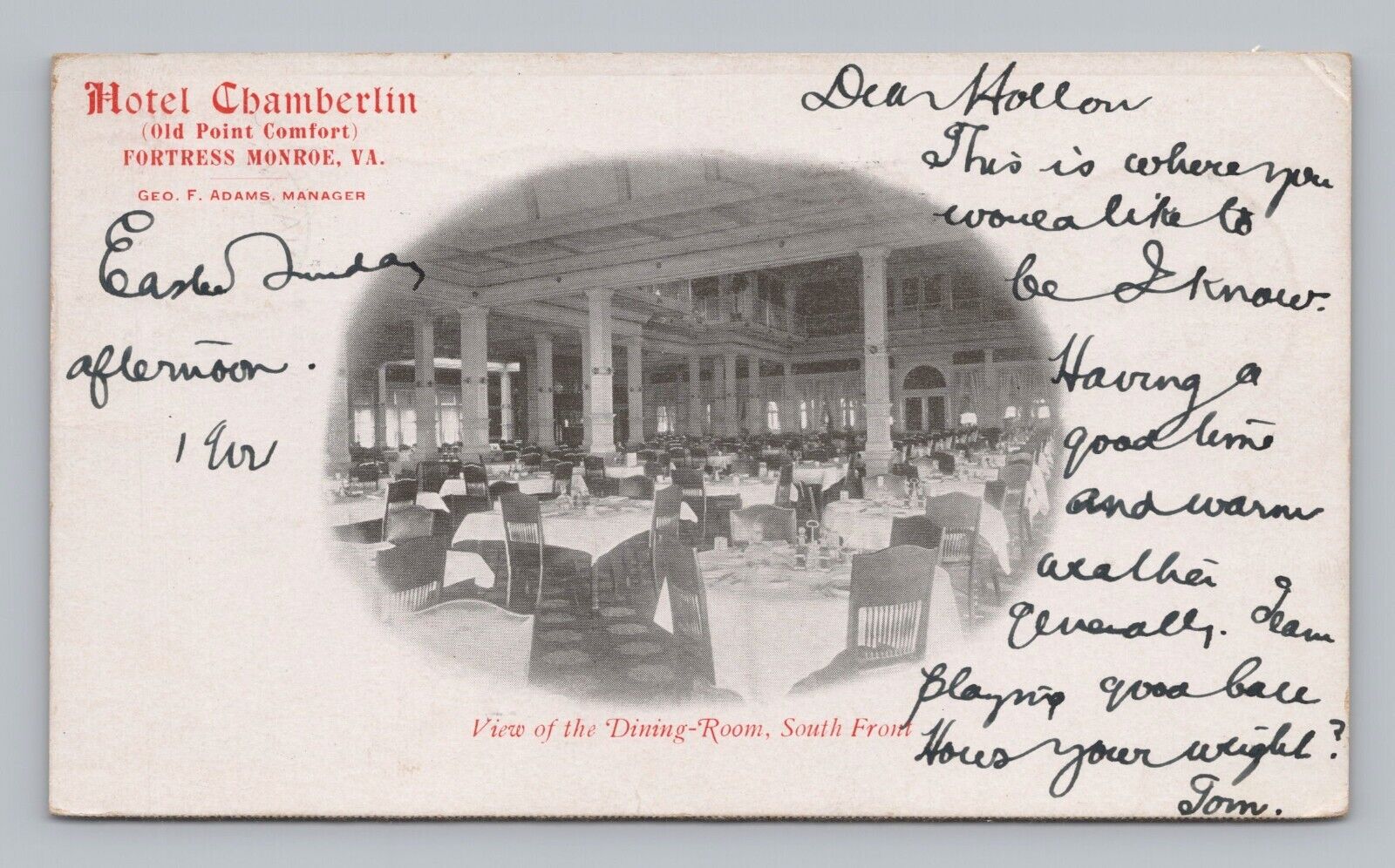 Postcard UDB Hotel Chamberlin Dining Room Fortress Monroe Virginia c1904
