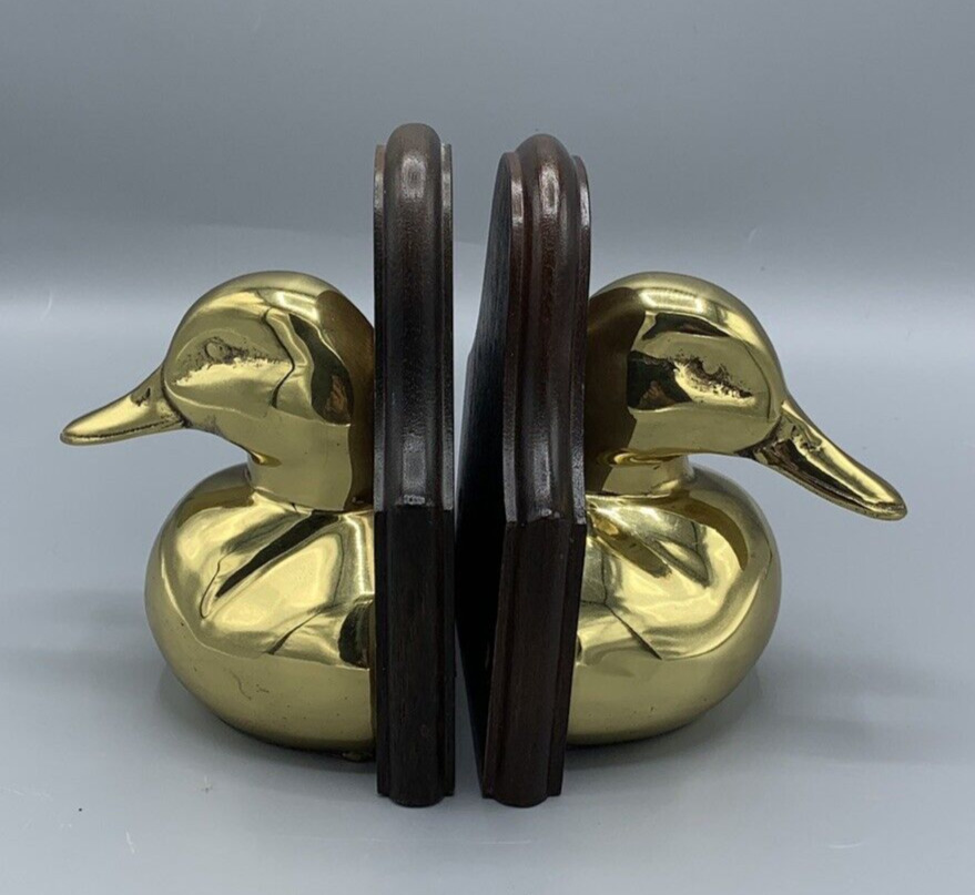 Solid Brass Wood Mounted Duck Bookends -Ethan Allen Made In England