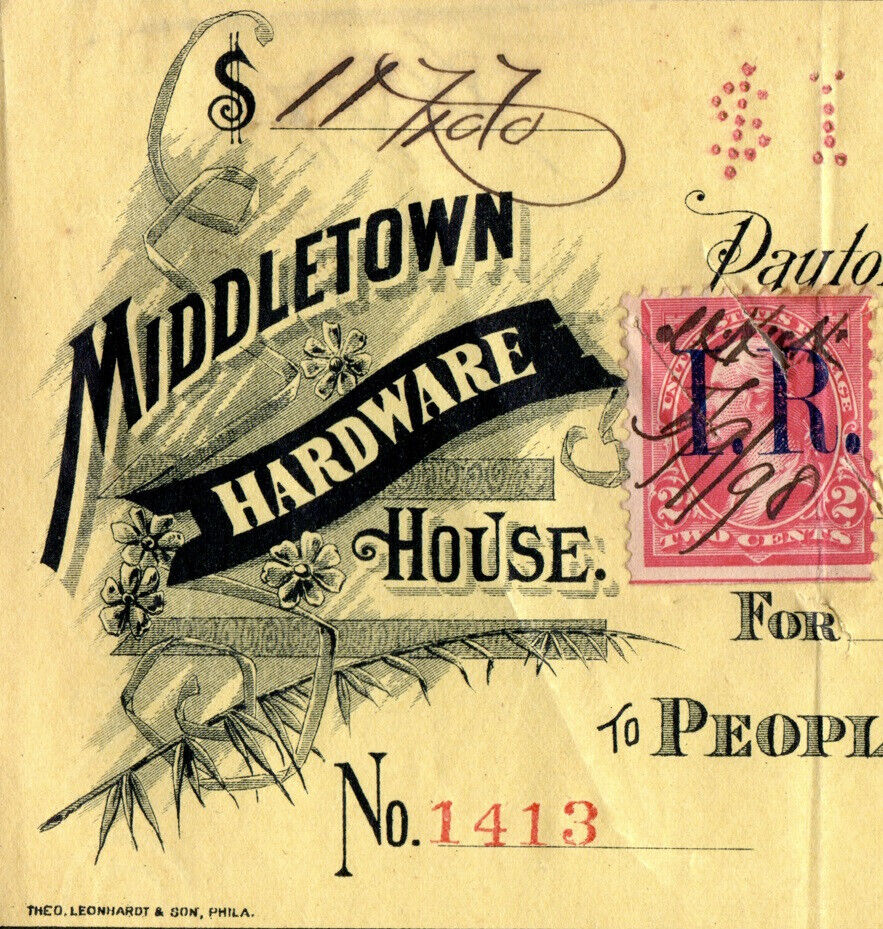 Middletown Hardware House Delaware 1898 Check Antique Document Revenue Stamp