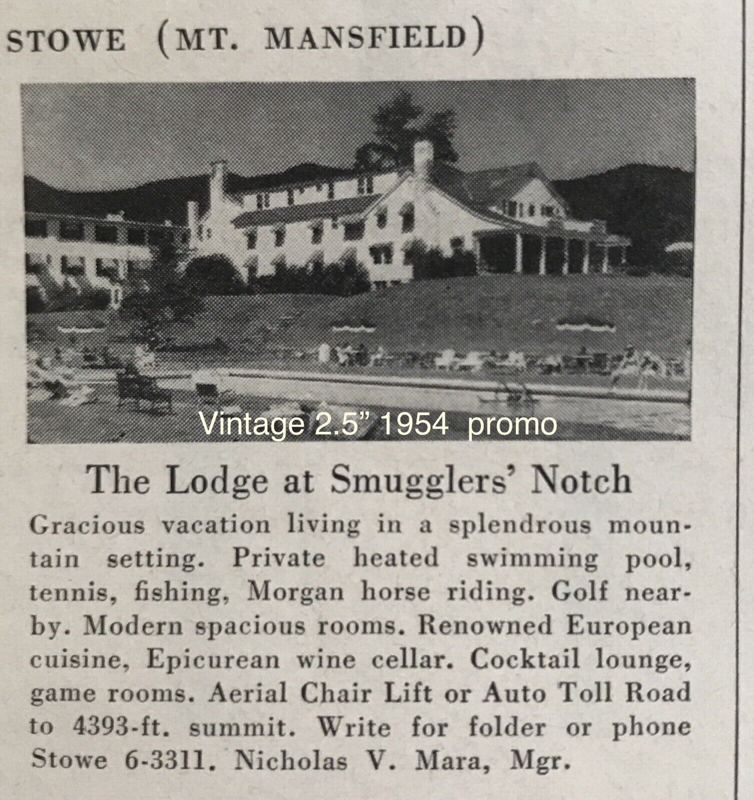 1954 Lodge At Smugglers’ Notch Hotel Stowe VT 2.75” PRESS PROMO Mountain Photo