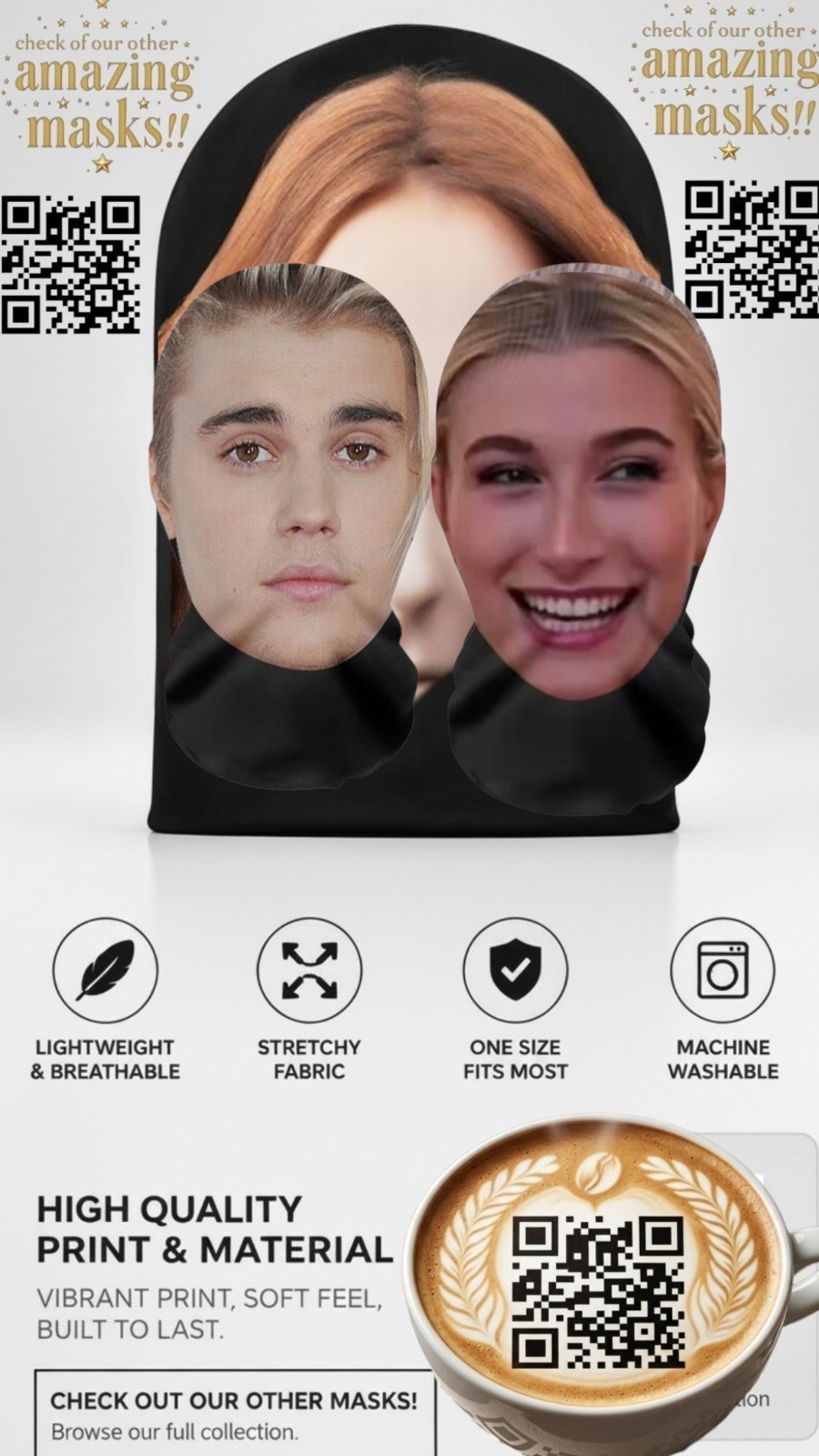 Justin & Hailey Bieber SeeThru Mesh Mask Set Celebrity Halloween CostumeCosplay Justin & Hailey Bieber SeeThru Mesh Mask Set Celebrity Halloween CostumeCosplay