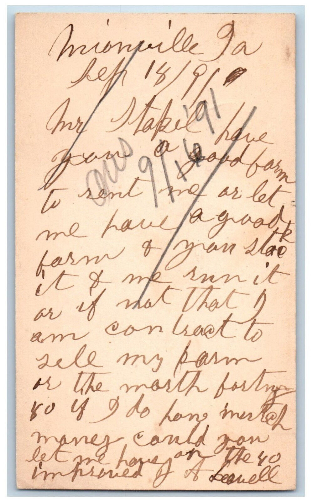 Unionville Iowa IA Bloomfield IA Postal Card Farm Letter 1891 Posted Antique