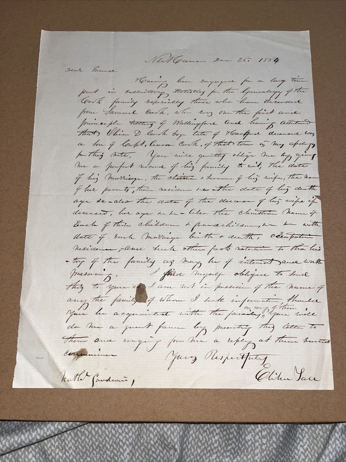 1854 Letter: Genealogy of Samuel Cook Early Wallingford CT Settler Captain Aaron