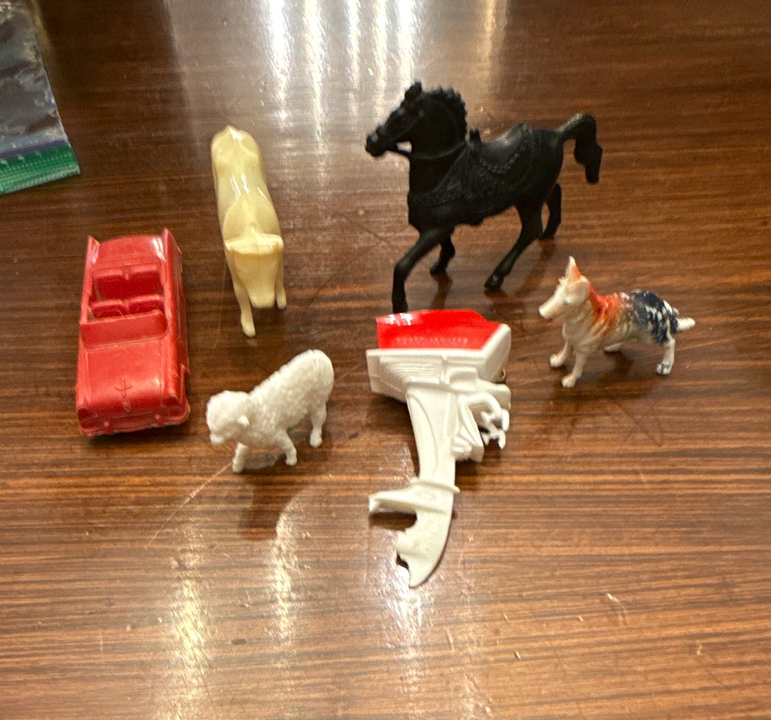 Plastic Animal Figurine Lot w/ Red Toy Car & Scott-Atwater Toy Motor Plastic Animal Figurine Lot w/ Red Toy Car & Scott-Atwater Toy Motor