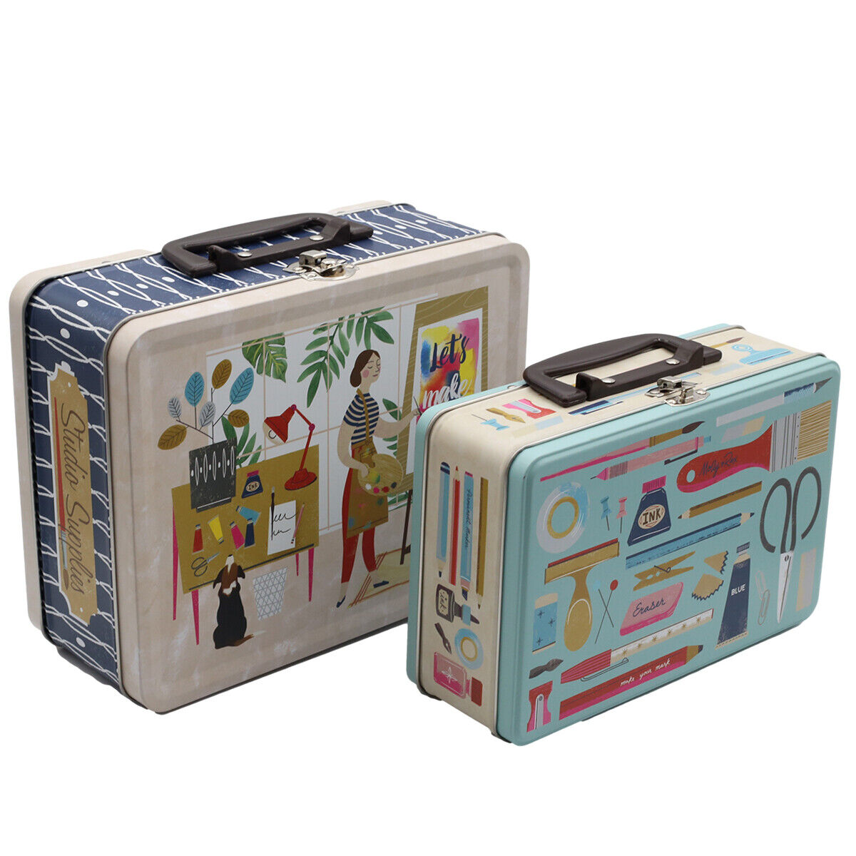 2pc Molly & Rex Art Lover Tin Lunchbox Set, Classic Vintage Storage Container