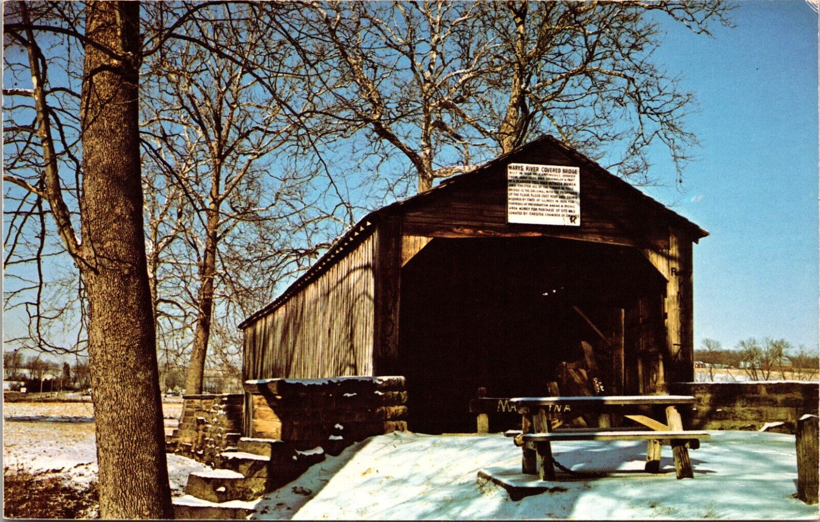 Postcard Mary's River Covered Bridge, Breme and Chester, Illinois
