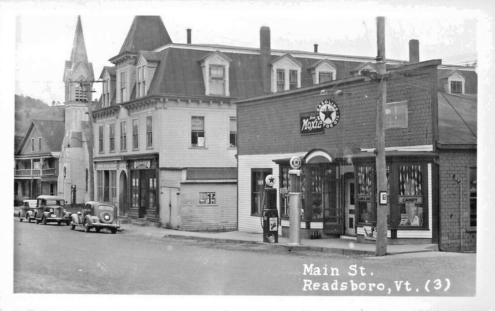 Readsboro VT Main Street Texaco Gas Station Moxie Sign Real Photo Postcard