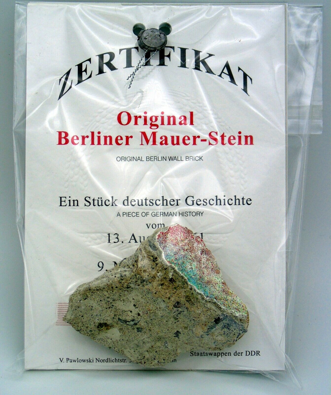 Large Authentic Piece of the BERLIN WALL with Certificate of Authenticity