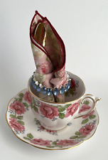 Queen Ann Rose Lady Alexander Rose Cup & Saucer Golden Spoon & Napkin with Ring picture