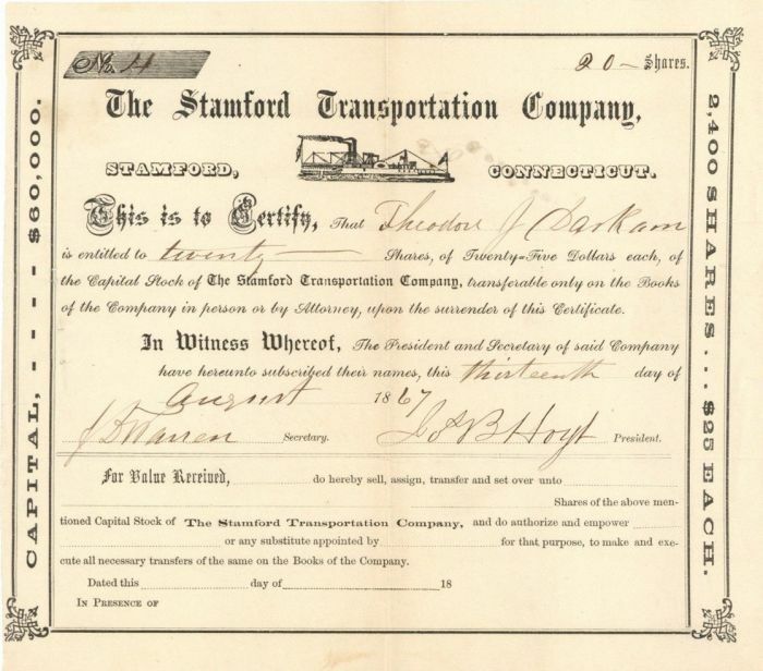 Stamford Transportation Co. - Stock Certificate - Shipping Stocks