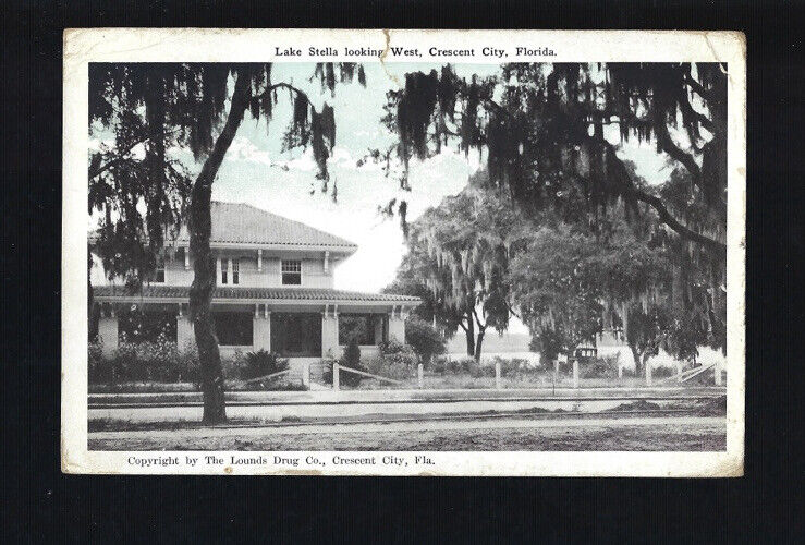 c.1928 Lake Stella Looking West Crescent City Florida FL Lounds Drug Co Postcard